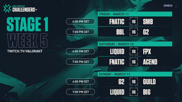 5th week of VCT EMEA matches will feature some postponed matches from week 3